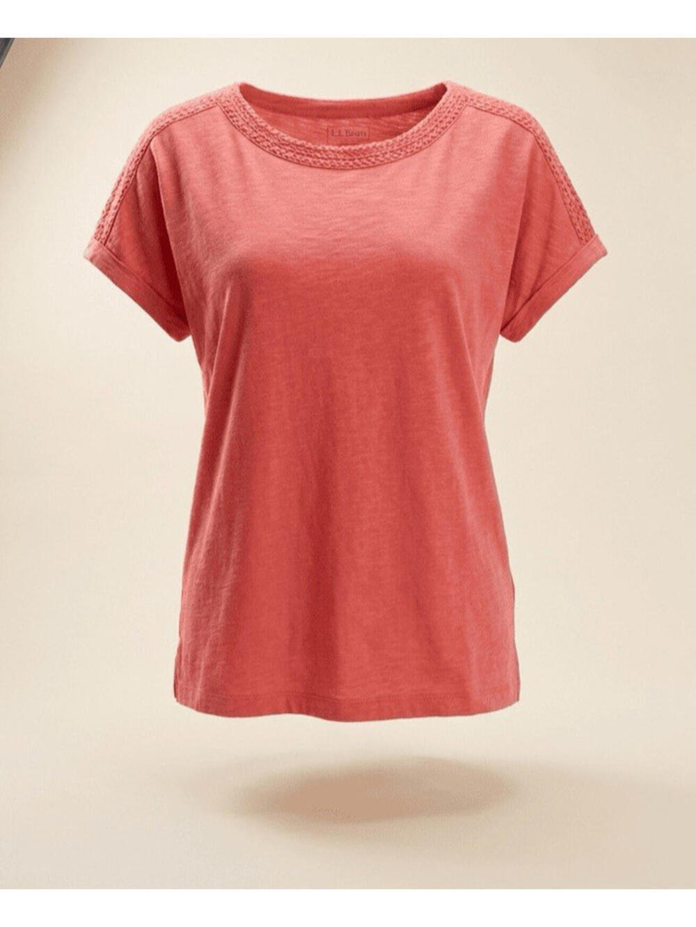 LL Bean Top Womens Large Red Tencel Cotton Blend Cuffed Short Sleeve T-Shirt L